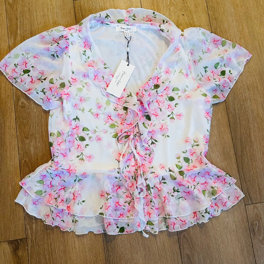 Haver + Blair Floral Ruffle Peplum Blouse Pink White Flutter Sleeve Small NWT